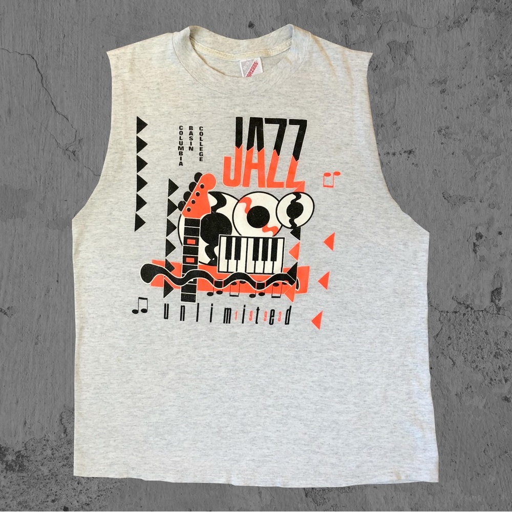 Vintage 90s Sleeveless Jerzees Jazz College Graphic Tank Band Music USA Larg